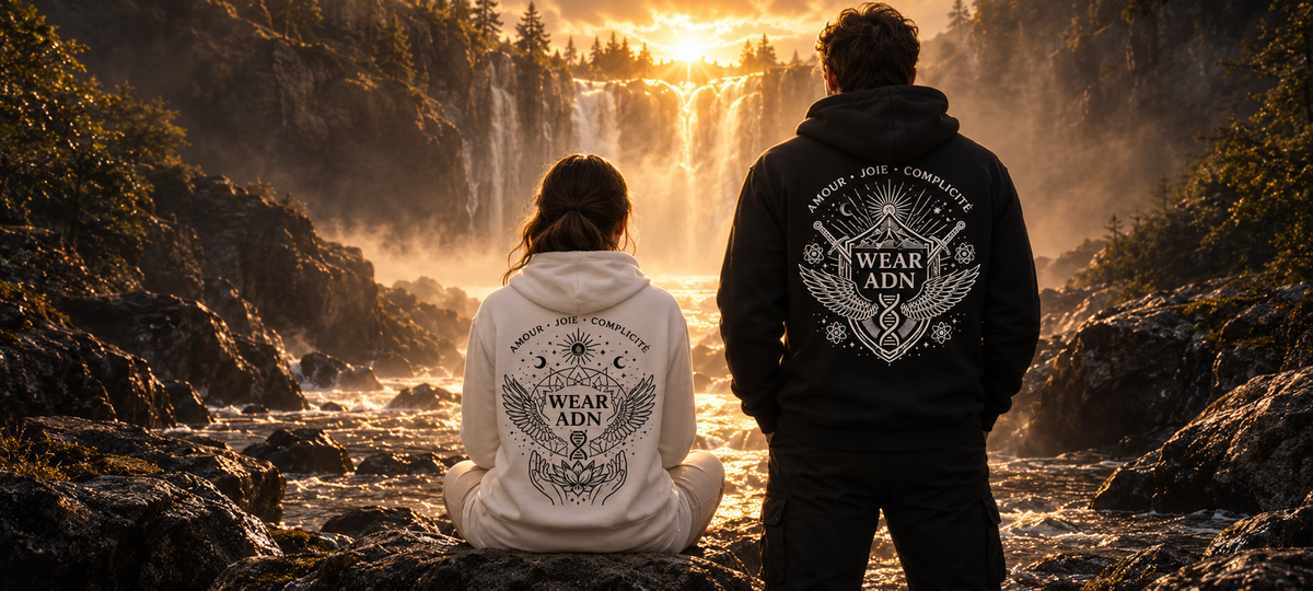 Couple en hoodie WEAR ADN devant une chute au coucher du soleil
