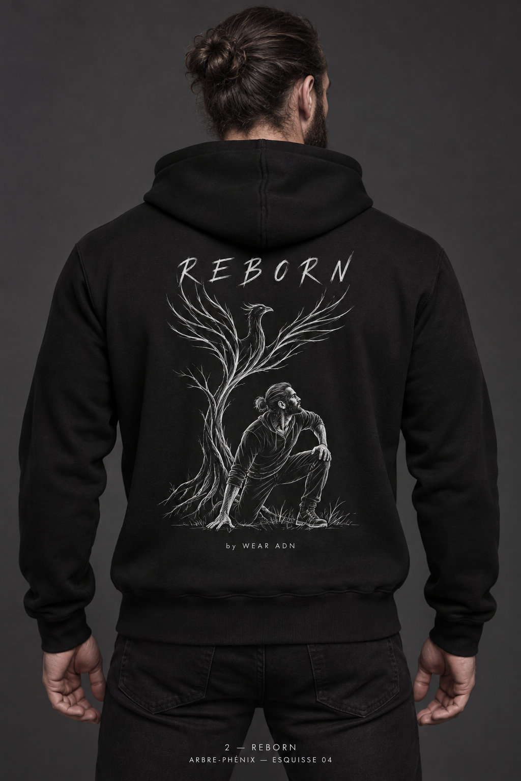 Hoodie MY PATH 02 REBORN porté — arbre-phénix au dos, By Wear ADN