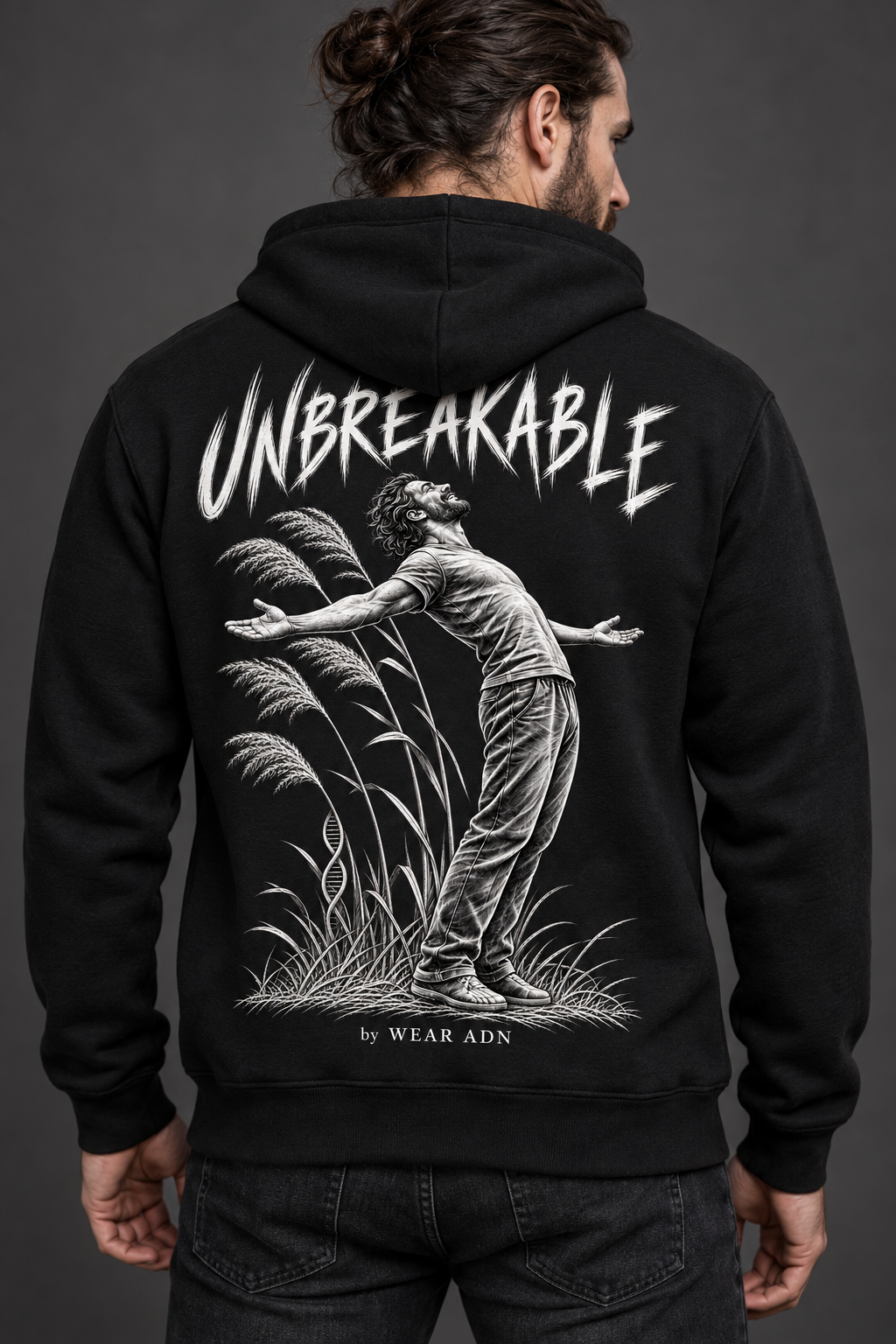 Hoodie MY PATH 08 UNBREAKABLE porté — homme bras ouverts dans les herbes au dos, By Wear ADN